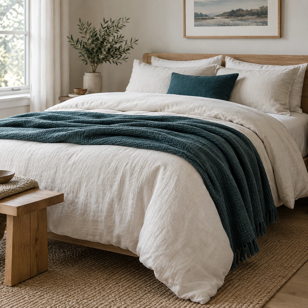 Ropa de cama color marfil en capas, con almohadas y una manta azul verdosa doblada.