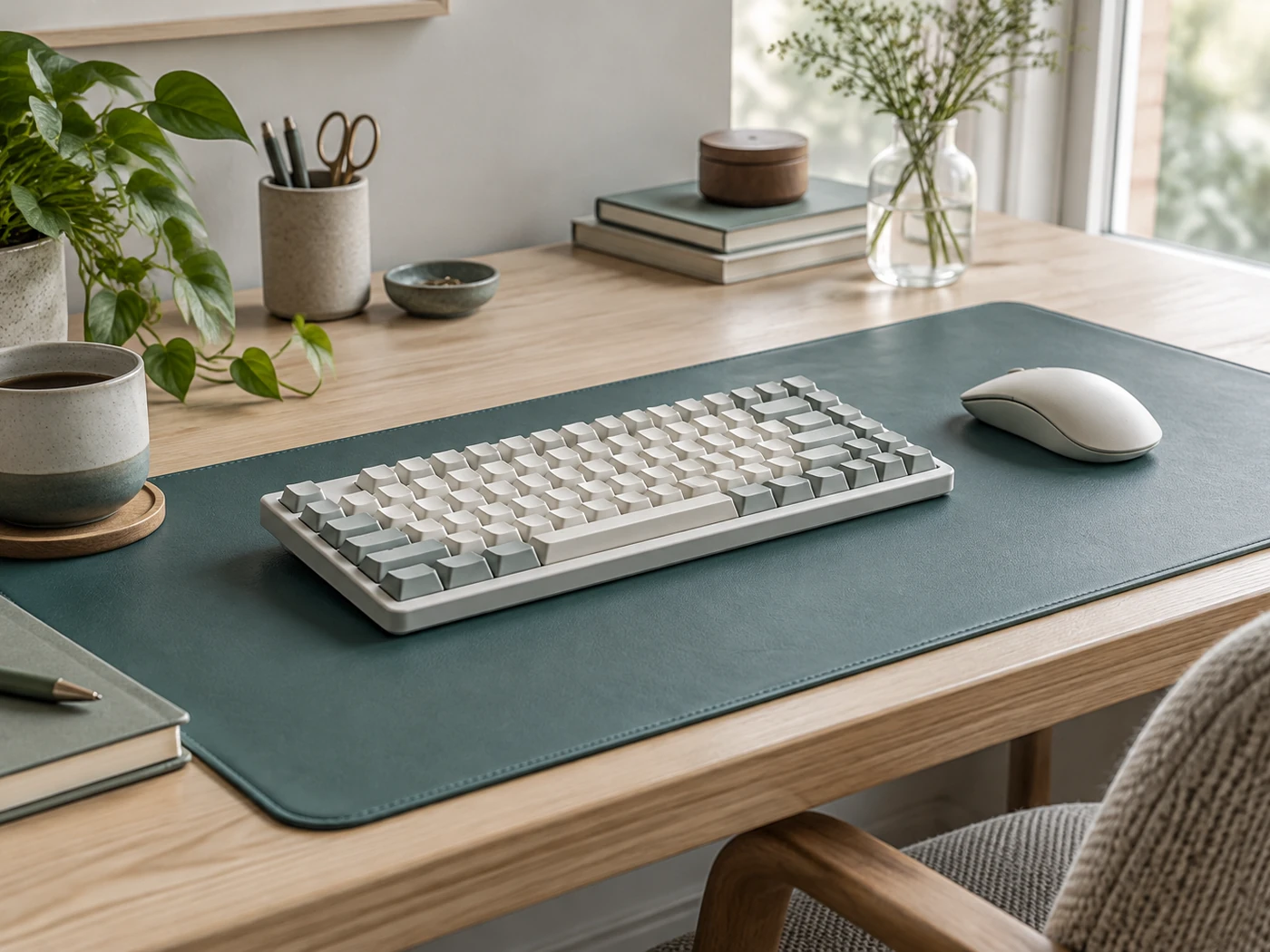 Un clavier et une souris sur un tapis de bureau à la lumière naturelle.