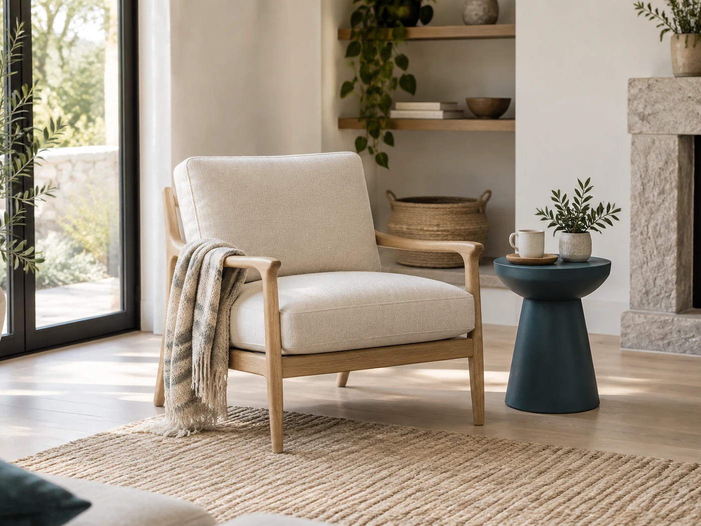 Un fauteuil en bois à côté d’une petite table d’appoint.