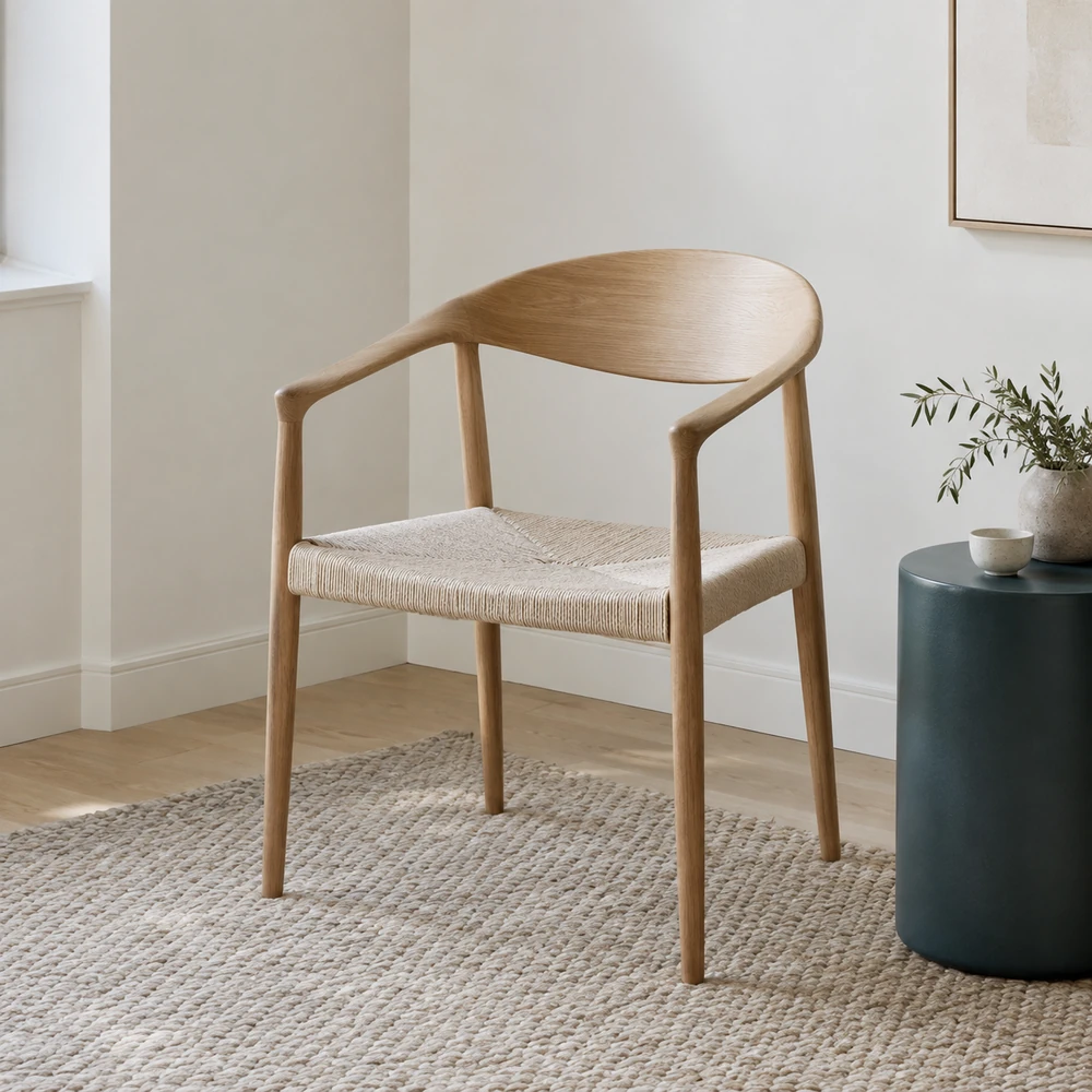 Una silla de madera y una mesa auxiliar compacta en una habitación tranquila.