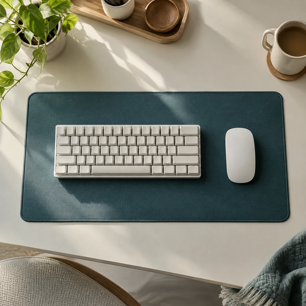 Un clavier compact et une souris sur un tapis de bureau bleu canard.