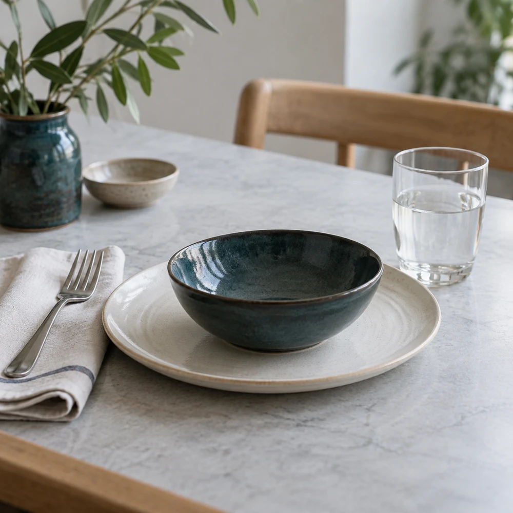 Une assiette en céramique, un bol et un verre disposés sur une table à manger.
