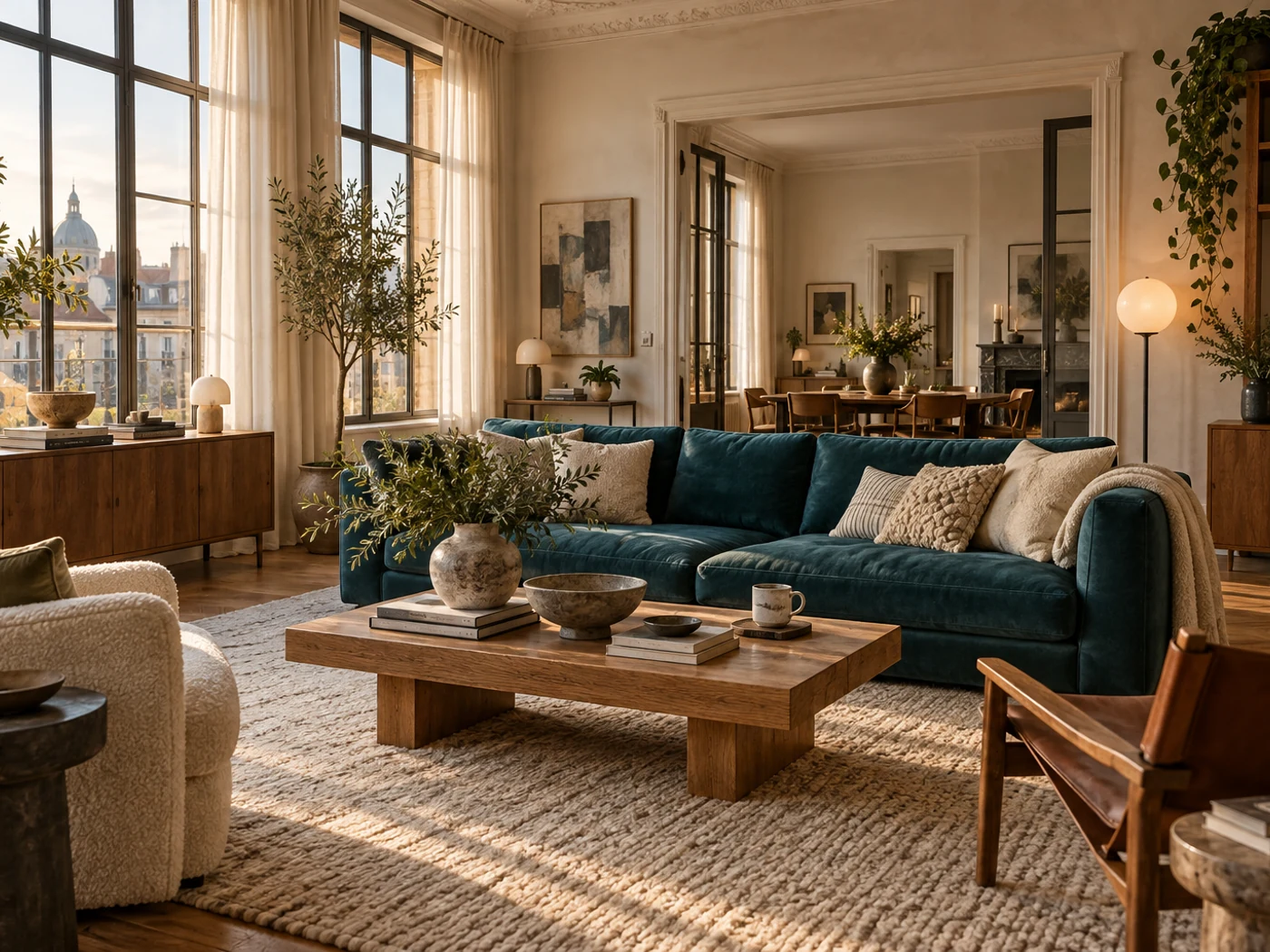 Un sofá azul petróleo, muebles de roble y luz cálida en un salón amplio.