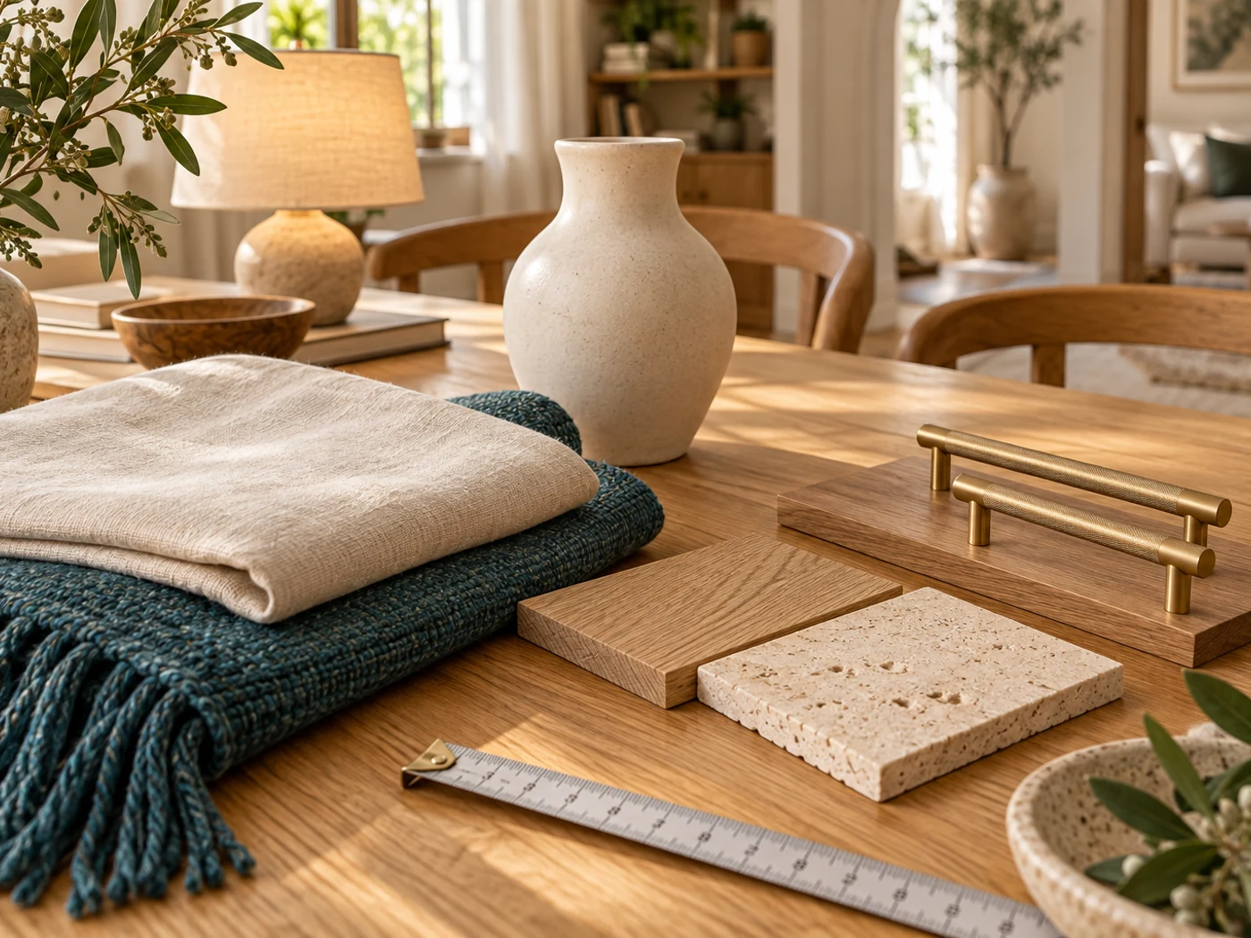 Textiles, decoración de cerámica, tiradores de latón y muestras sobre una mesa de roble.