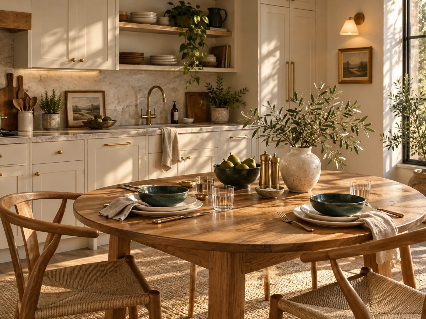 Una mesa de roble con vajilla de cerámica junto a una cocina soleada con tiradores de latón.