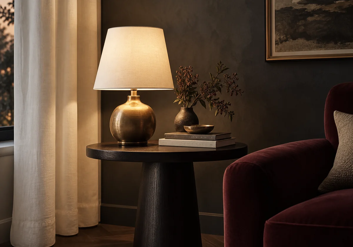 Una lámpara de mesa encendida con pantalla color crema, junto a libros y un sillón burdeos.