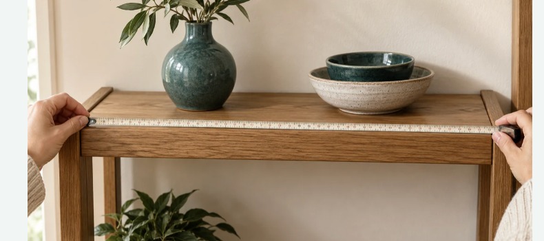 Ein Holzregal ausmessen, um die Passform zu prüfen