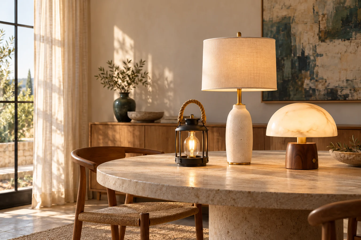 Trois lampes de table sur une table en pierre, dans une lumière d’après-midi.