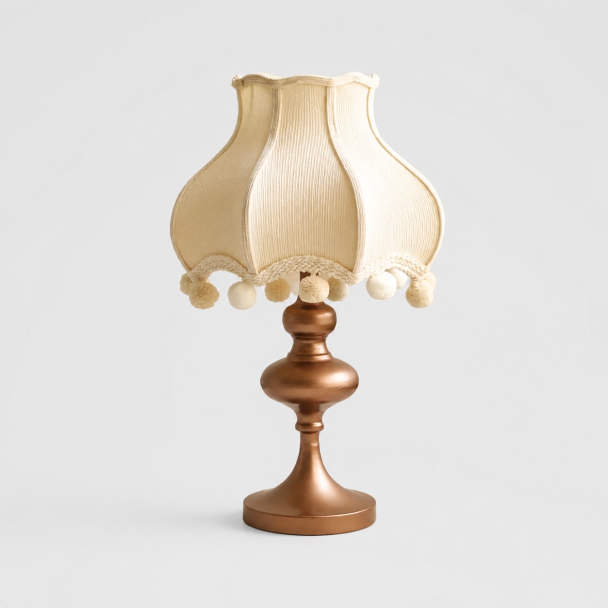 Vintage Cream Fabric Pom-Pom Table Lamp