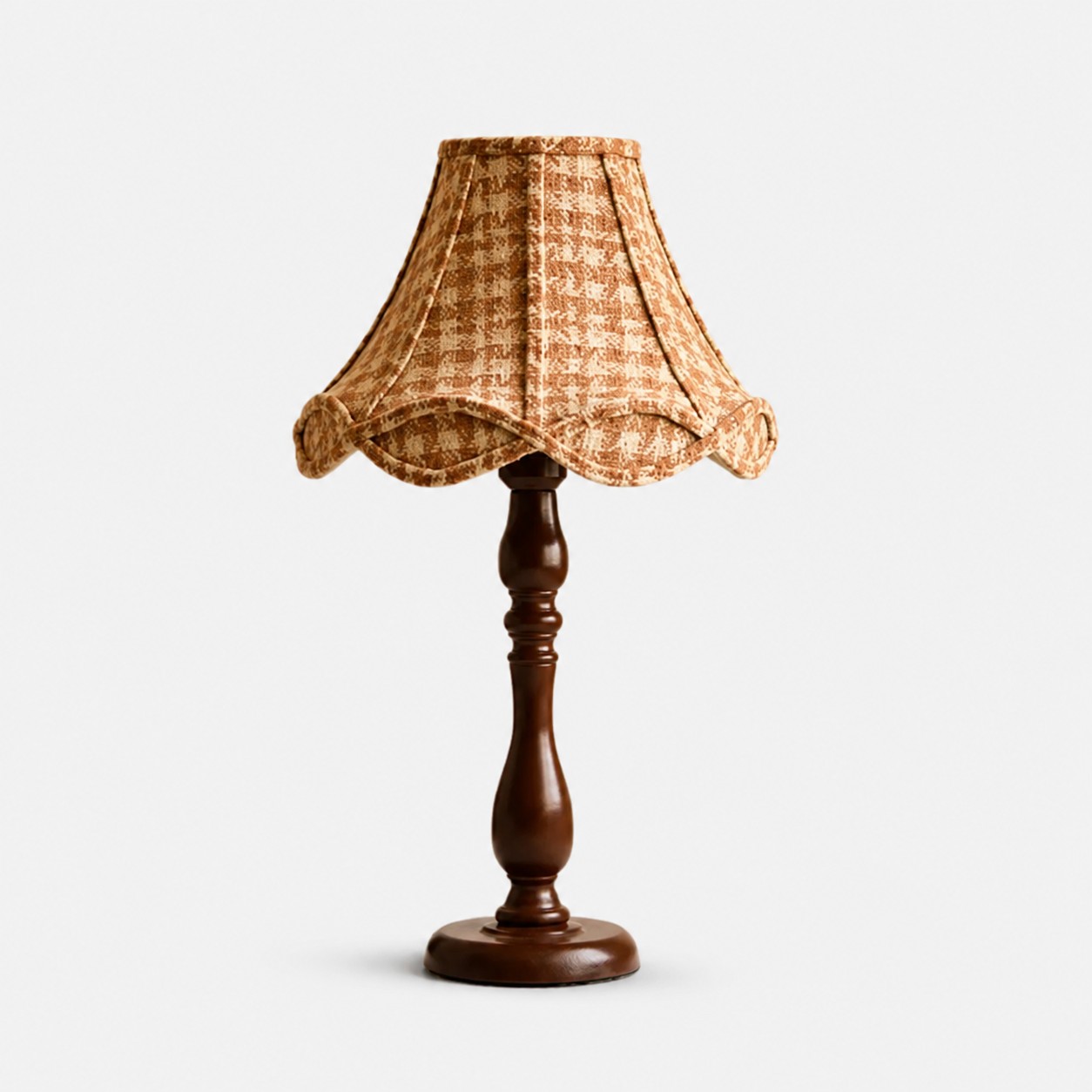 Vintage Wood Table Lamp with Patterned Fabric Shade