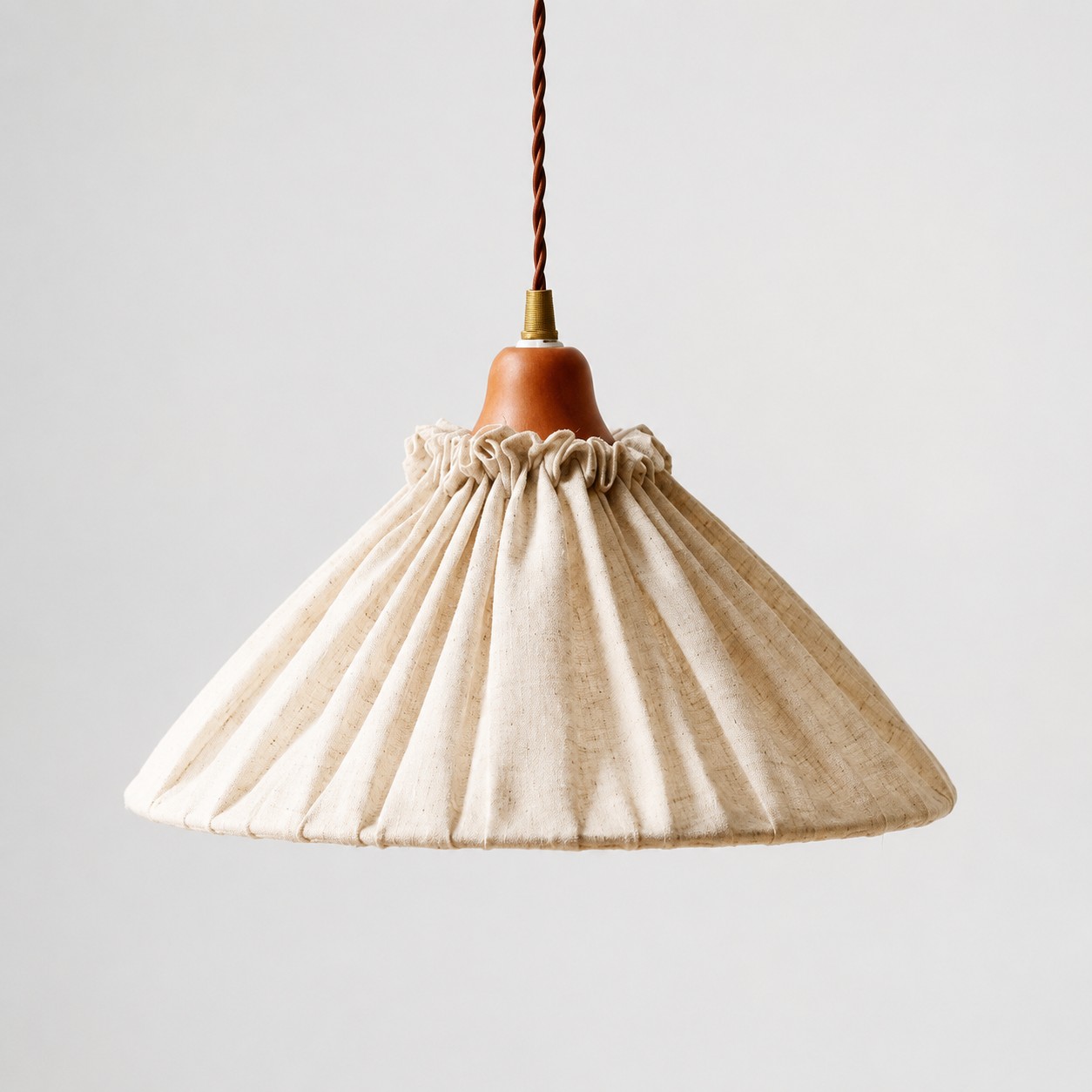 Natural Linen Pleated Pendant Light with Wood Socket Cover